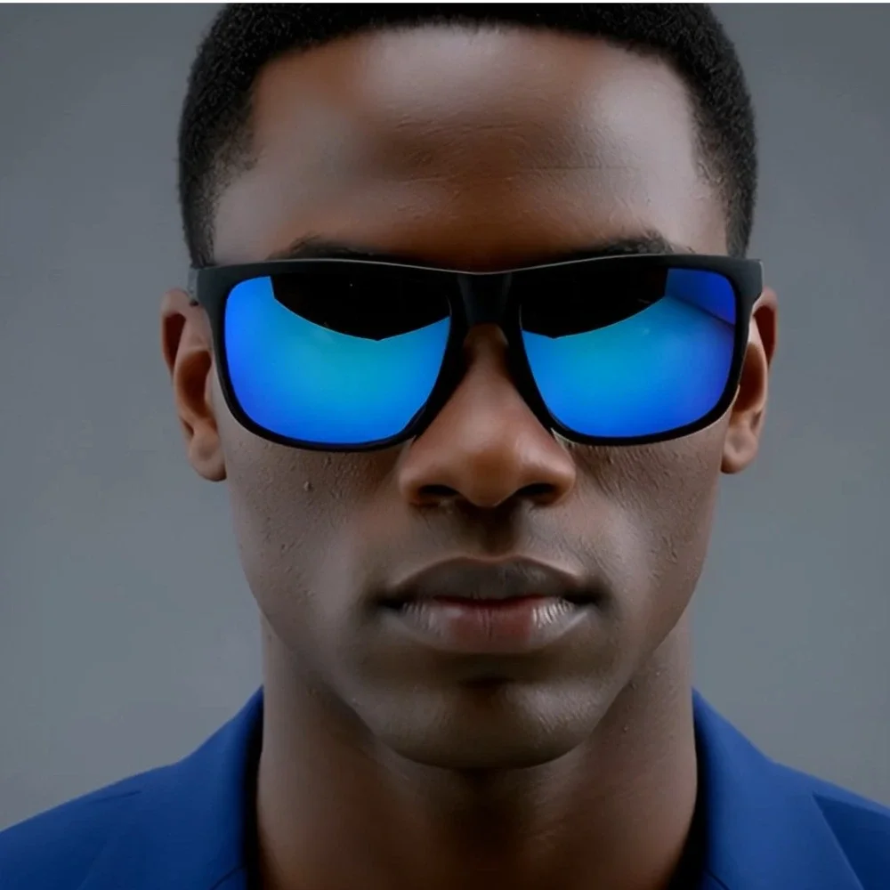 Polarized Sunglasses Men Driving‎ Fishing Square Frame Blue Mirror Lens Gafas